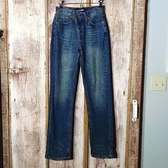 NEW jeans dark wash cross closure button fly straight leg flattering size 0 - Picture 1 of 10